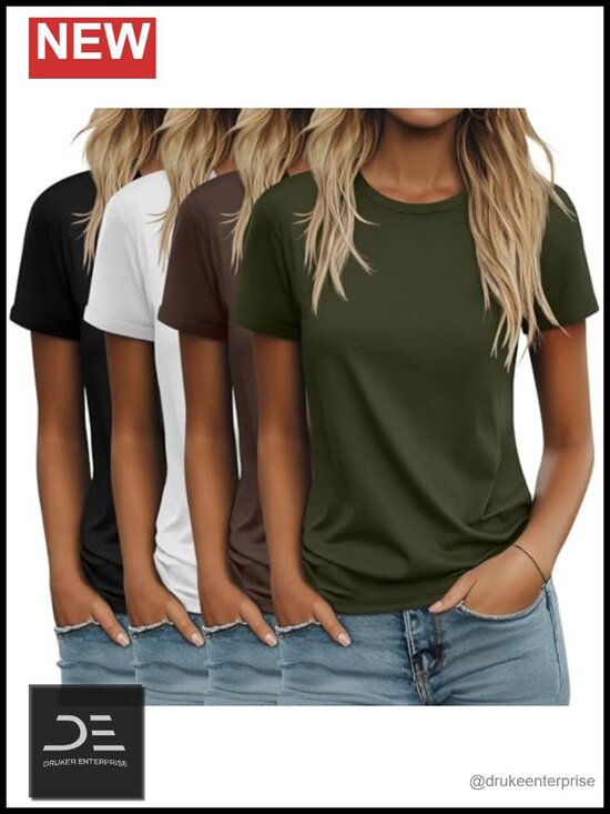 Tops - 4 Pack Cotton Blend Short Sleeve Crewneck Tunic Tees Loose Fit Rolled Sleeve